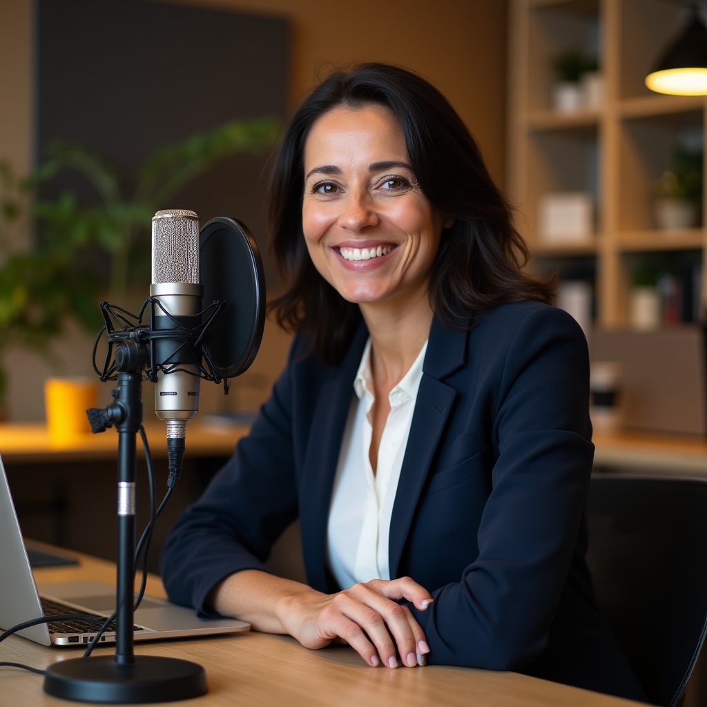 Conduttore del podcast in uno studio moderno